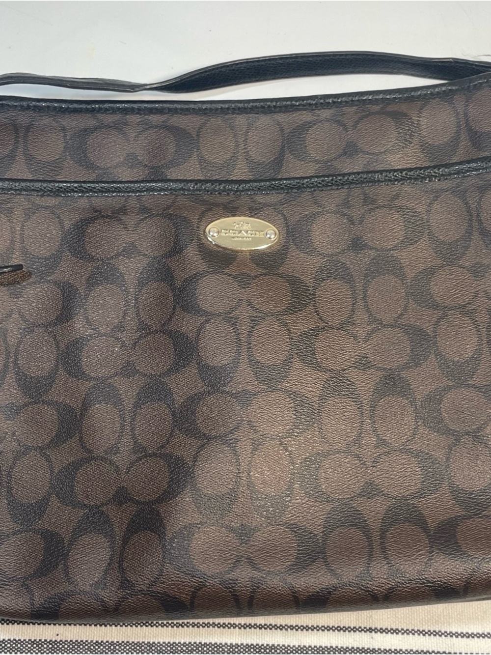 Coach Brown Signature Logo Shoulder Bag with Black Trim